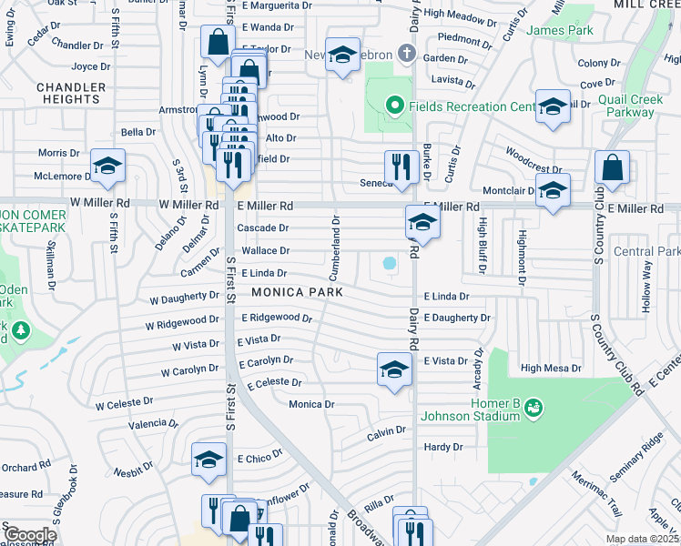 map of restaurants, bars, coffee shops, grocery stores, and more near 2106 Cumberland Drive in Garland