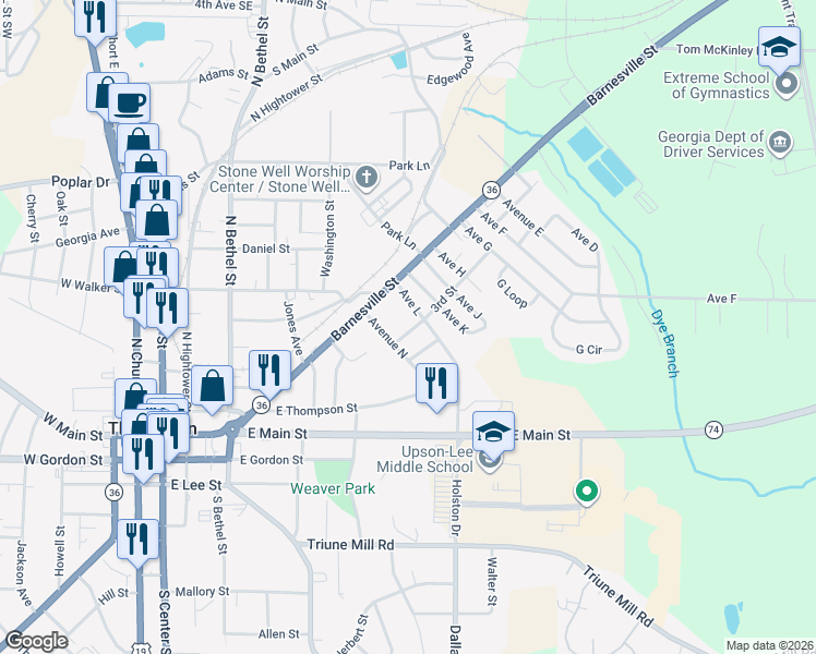 map of restaurants, bars, coffee shops, grocery stores, and more near 109 Avenue L in Thomaston