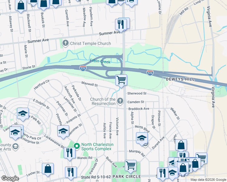map of restaurants, bars, coffee shops, grocery stores, and more near 1219 Maxwell Street in North Charleston