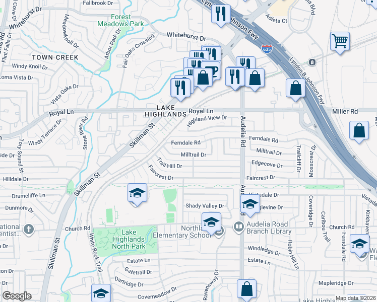map of restaurants, bars, coffee shops, grocery stores, and more near 9545 Milltrail Drive in Dallas