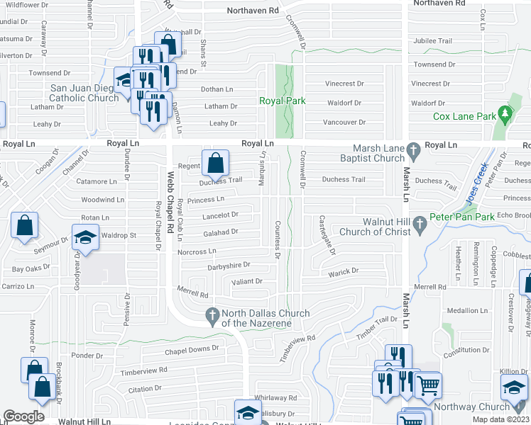 map of restaurants, bars, coffee shops, grocery stores, and more near 10559 Countess Drive in Dallas