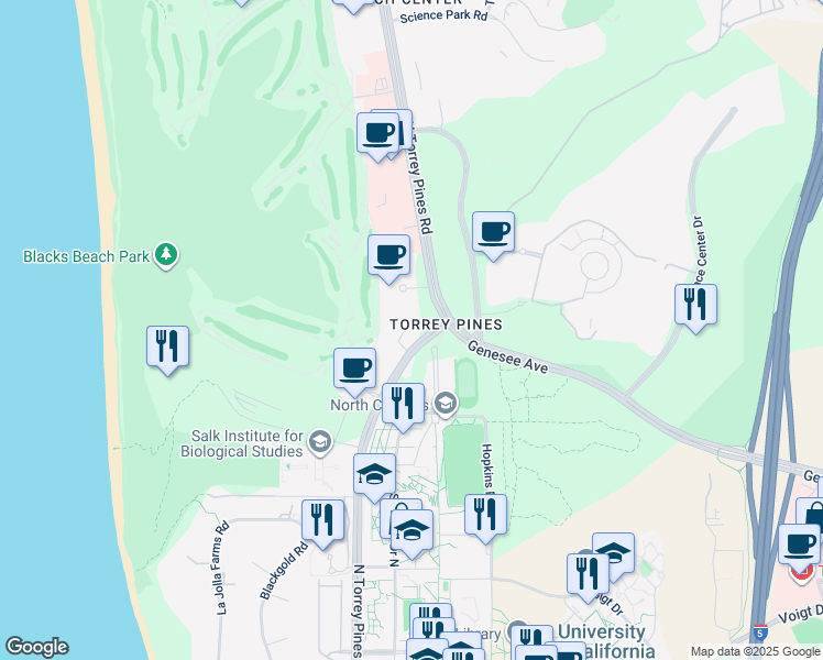 map of restaurants, bars, coffee shops, grocery stores, and more near 10350 North Torrey Pines Road in San Diego