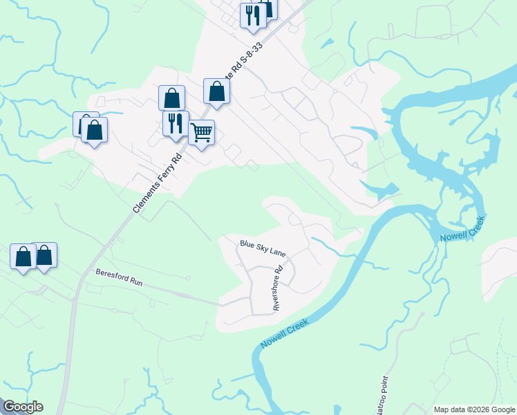 map of restaurants, bars, coffee shops, grocery stores, and more near 1187 Rivershore Road in Charleston