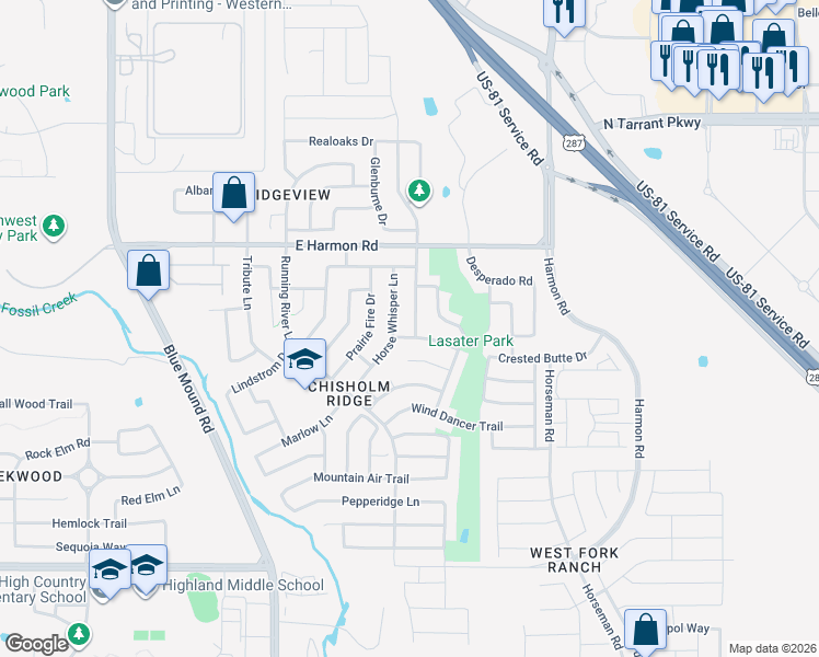 map of restaurants, bars, coffee shops, grocery stores, and more near 8405 Prairie Dawn Drive in Fort Worth