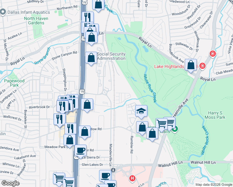 map of restaurants, bars, coffee shops, grocery stores, and more near 8401 Manderville Ln in Dallas