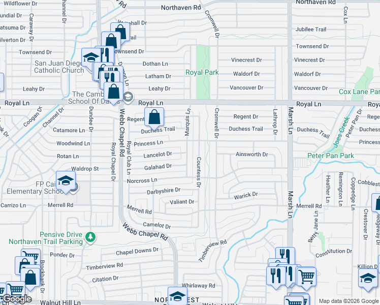 map of restaurants, bars, coffee shops, grocery stores, and more near 10559 Countess Drive in Dallas