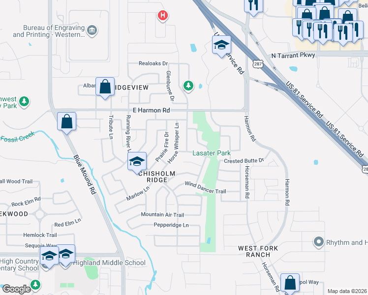 map of restaurants, bars, coffee shops, grocery stores, and more near 8441 Ranch Hand Trail in Fort Worth