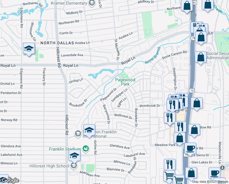 map of restaurants, bars, coffee shops, grocery stores, and more near 10662 Pagewood Drive in Dallas