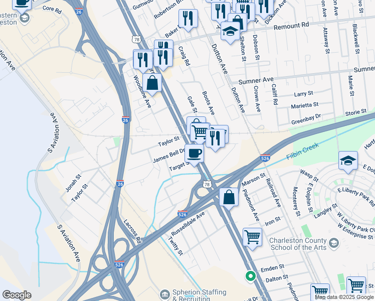 map of restaurants, bars, coffee shops, grocery stores, and more near 5043 Rivers Avenue in North Charleston