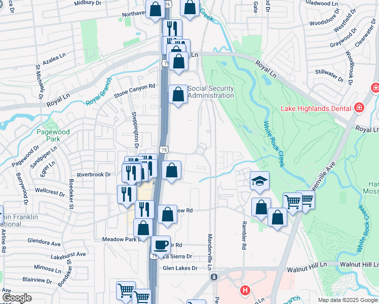 map of restaurants, bars, coffee shops, grocery stores, and more near 8173 Midtown Boulevard in Dallas