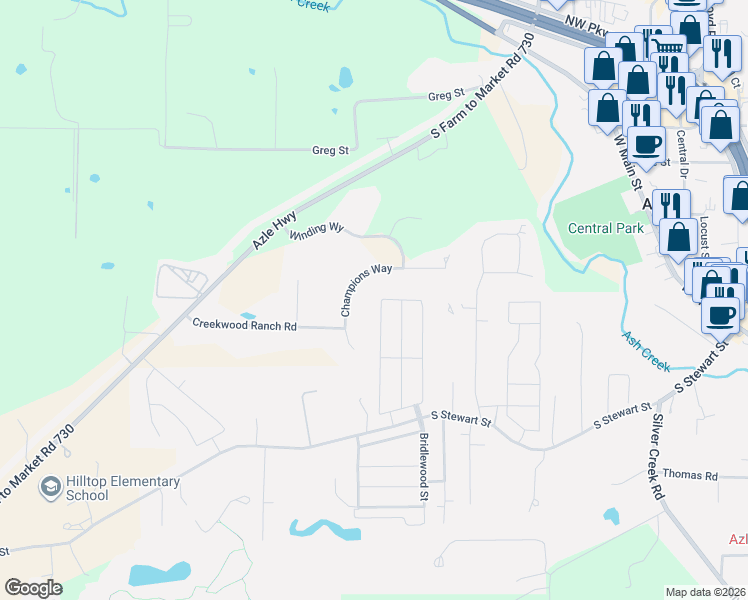 map of restaurants, bars, coffee shops, grocery stores, and more near 138 Champions Way in Azle