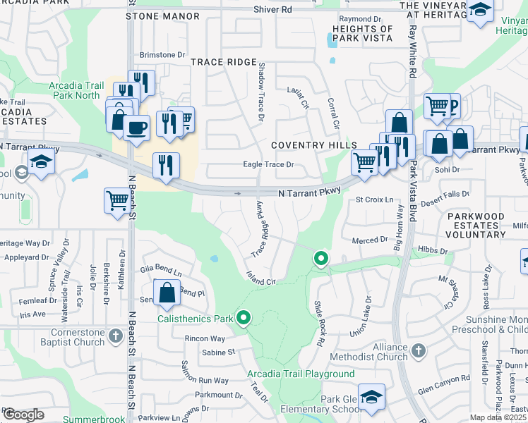 map of restaurants, bars, coffee shops, grocery stores, and more near 8458 Trace Ridge Parkway in Fort Worth