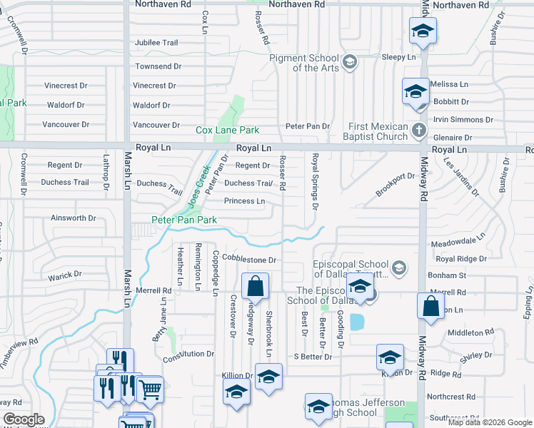 map of restaurants, bars, coffee shops, grocery stores, and more near 3873 Echo Brook Lane in Dallas