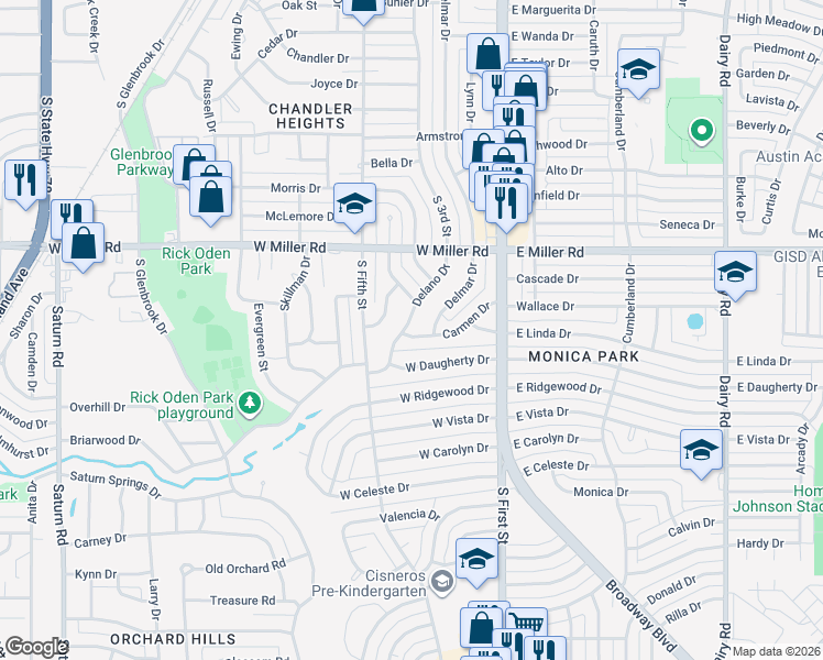 map of restaurants, bars, coffee shops, grocery stores, and more near 2108 Delano Drive in Garland