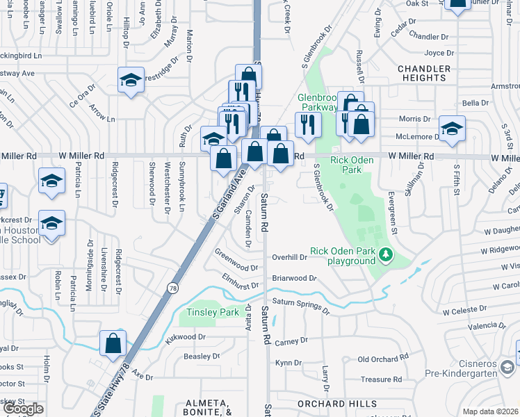 map of restaurants, bars, coffee shops, grocery stores, and more near 2109 Saturn Road in Garland