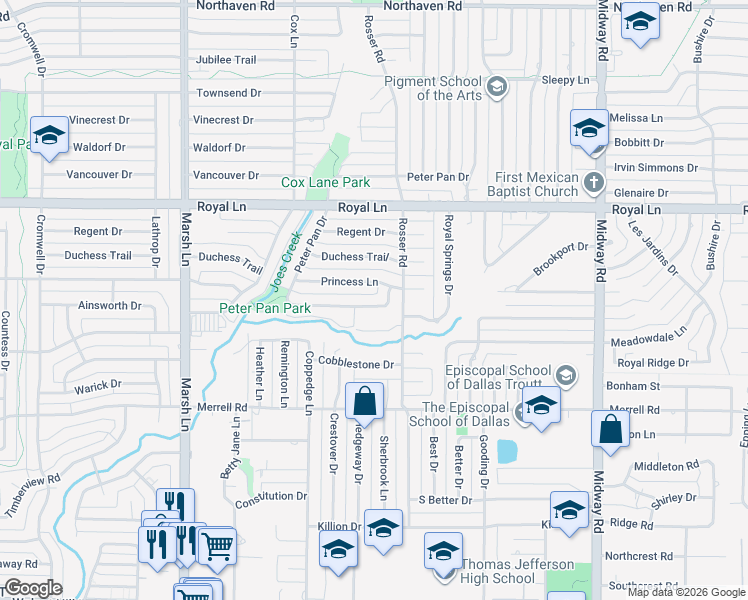 map of restaurants, bars, coffee shops, grocery stores, and more near 3886 Princess Lane in Dallas