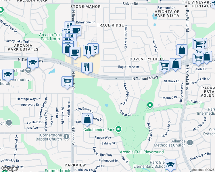 map of restaurants, bars, coffee shops, grocery stores, and more near 8421 Washita Way in Fort Worth