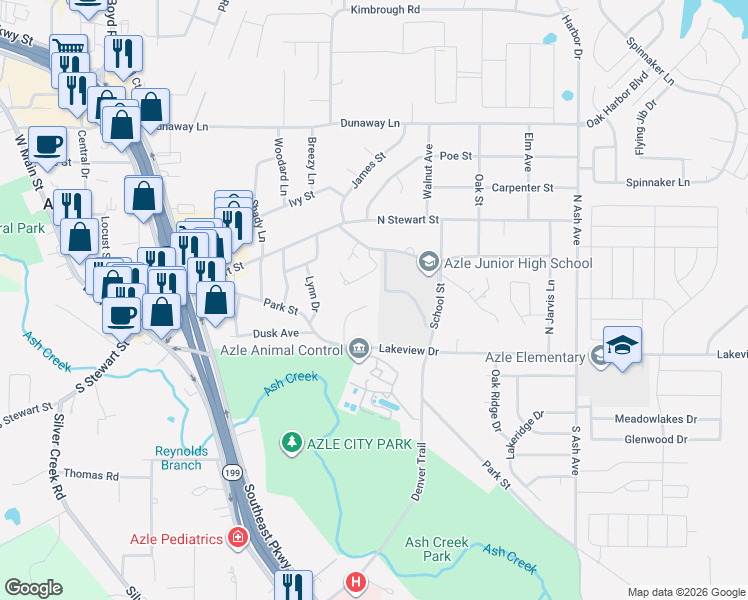map of restaurants, bars, coffee shops, grocery stores, and more near 144 Parkwood Court in Azle