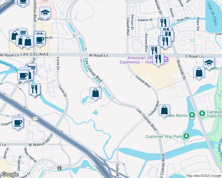 map of restaurants, bars, coffee shops, grocery stores, and more near in Irving