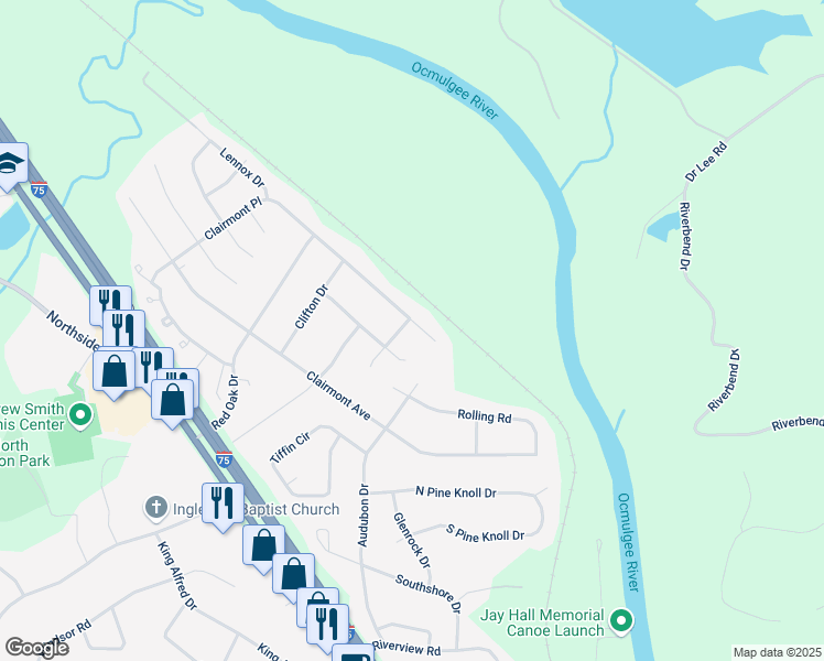 map of restaurants, bars, coffee shops, grocery stores, and more near 3098 Rolling Road in Macon