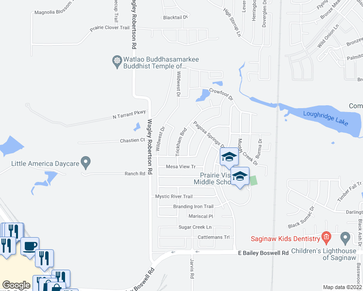 map of restaurants, bars, coffee shops, grocery stores, and more near 8320 Trickham Bend in Fort Worth