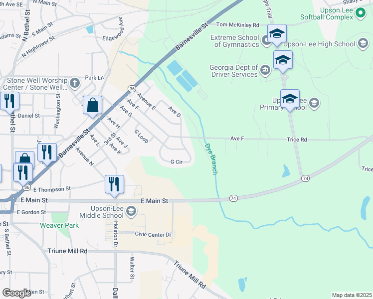 map of restaurants, bars, coffee shops, grocery stores, and more near 140 G Circle in Thomaston