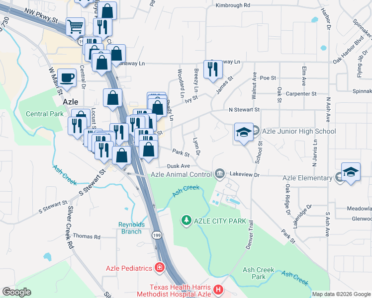 map of restaurants, bars, coffee shops, grocery stores, and more near 108 Corbin Lane in Azle