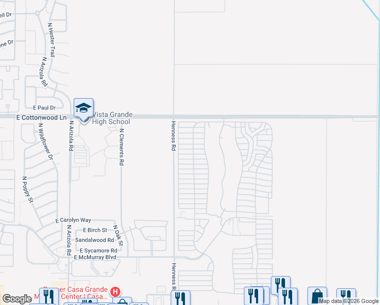 map of restaurants, bars, coffee shops, grocery stores, and more near East Desert Wind Lane in Casa Grande