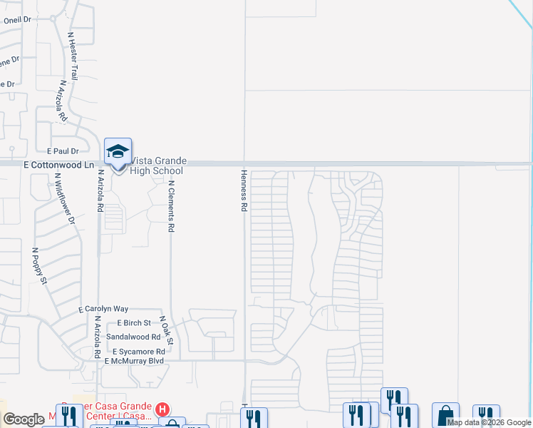 map of restaurants, bars, coffee shops, grocery stores, and more near East Desert Wind Lane in Casa Grande