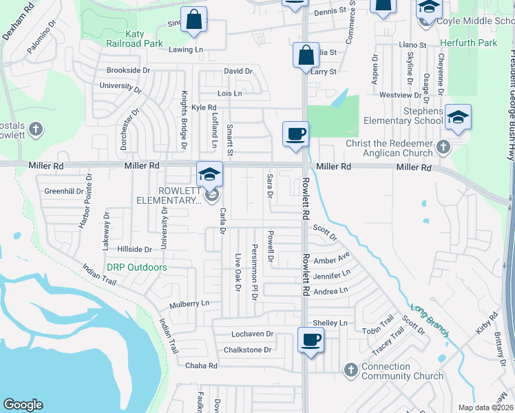 map of restaurants, bars, coffee shops, grocery stores, and more near 3402 Westwood Circle in Rowlett