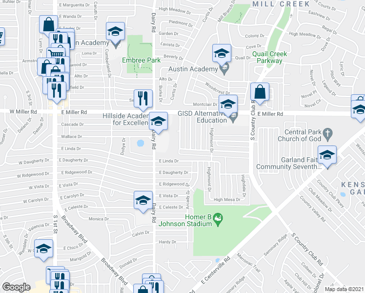 map of restaurants, bars, coffee shops, grocery stores, and more near 2122 Highwood Drive in Garland