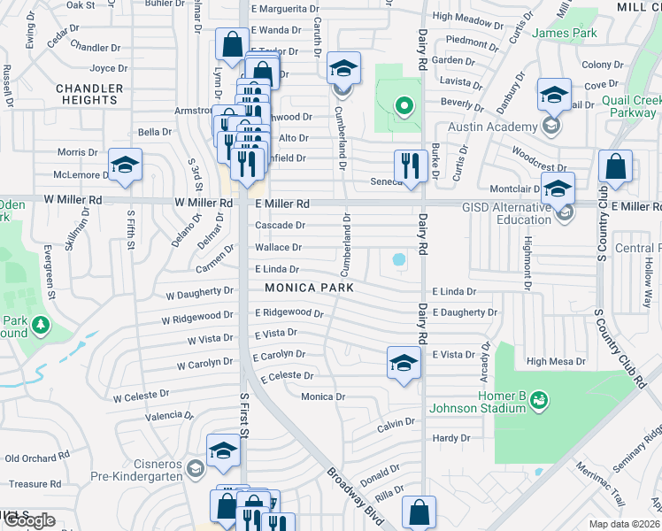map of restaurants, bars, coffee shops, grocery stores, and more near 322 Wallace Drive in Garland