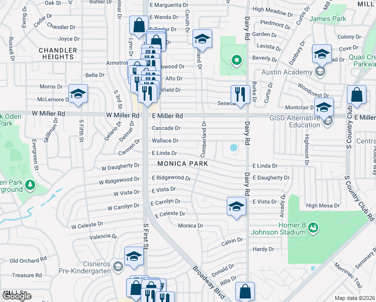 map of restaurants, bars, coffee shops, grocery stores, and more near 322 Wallace Drive in Garland