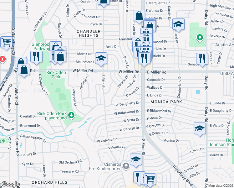 map of restaurants, bars, coffee shops, grocery stores, and more near 2108 Delano Drive in Garland