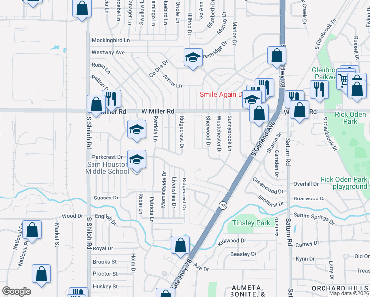 map of restaurants, bars, coffee shops, grocery stores, and more near 2122 Ridgecrest Drive in Garland