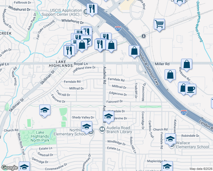 map of restaurants, bars, coffee shops, grocery stores, and more near 9905 Milltrail Drive in Dallas