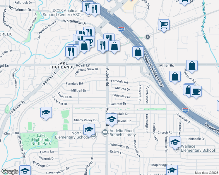 map of restaurants, bars, coffee shops, grocery stores, and more near 9905 Milltrail Drive in Dallas
