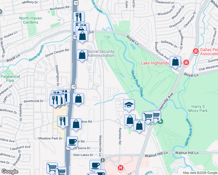 map of restaurants, bars, coffee shops, grocery stores, and more near 8401 Manderville Lane in Dallas