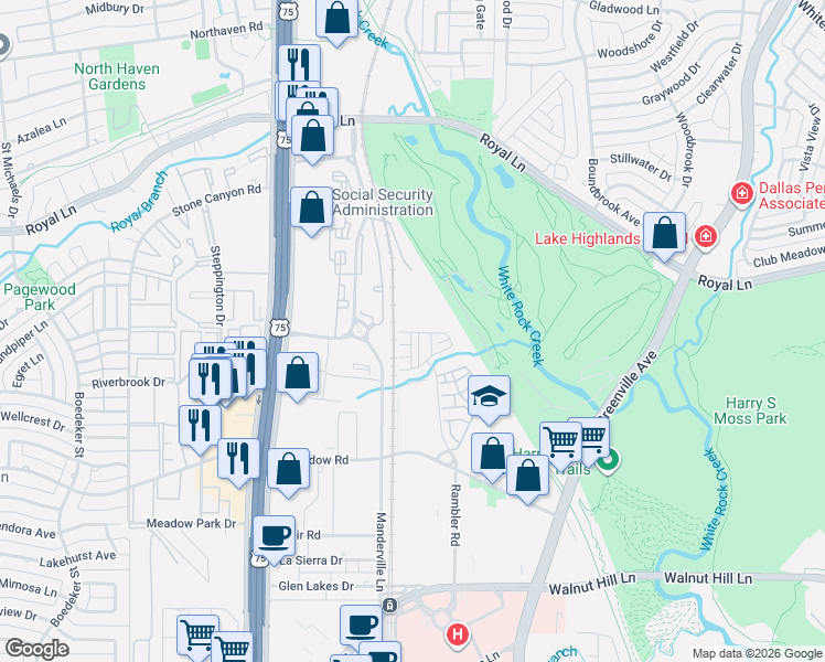 map of restaurants, bars, coffee shops, grocery stores, and more near 8401 Manderville Lane in Dallas