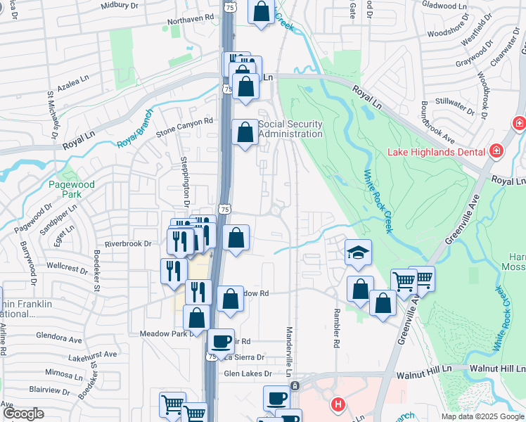 map of restaurants, bars, coffee shops, grocery stores, and more near 8190 Manderville Lane in Dallas