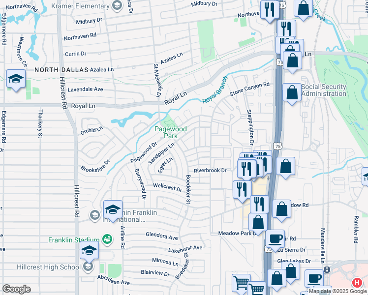 map of restaurants, bars, coffee shops, grocery stores, and more near 7515 Highmont Street in Dallas