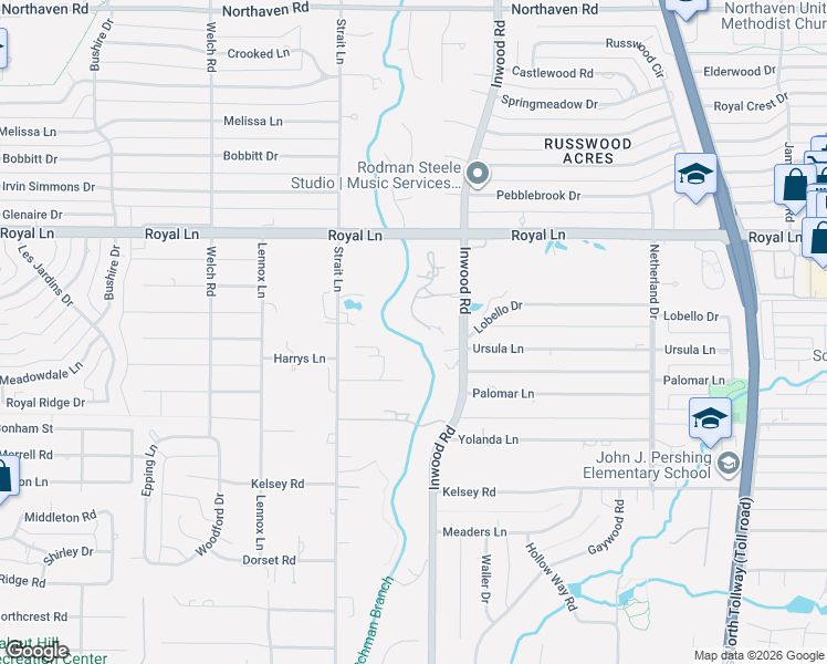 map of restaurants, bars, coffee shops, grocery stores, and more near 6 Bridge Hollow Court in Dallas