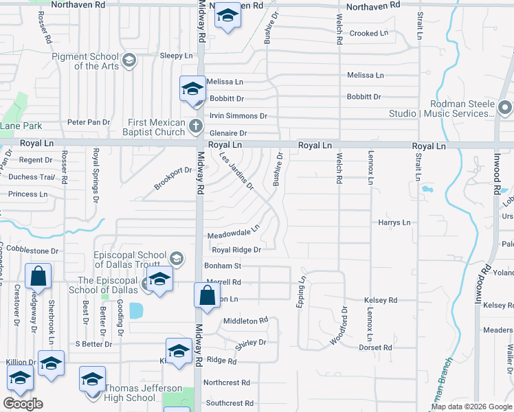 map of restaurants, bars, coffee shops, grocery stores, and more near 10619 De Bercy Ct in Dallas