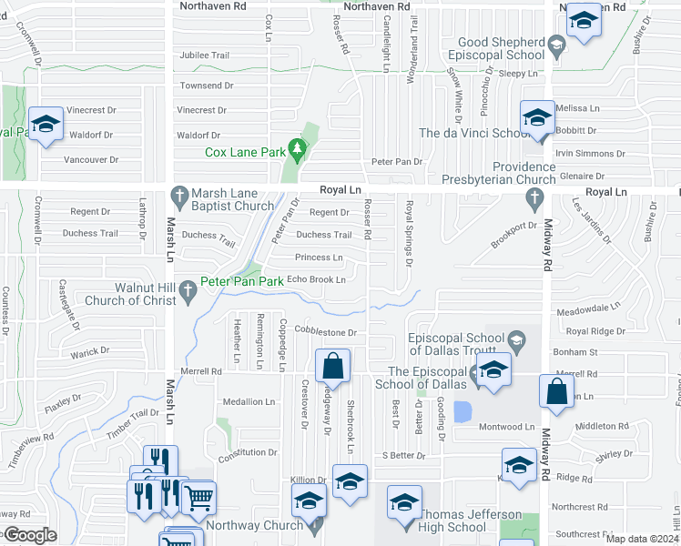 map of restaurants, bars, coffee shops, grocery stores, and more near 3873-3899 Echo Brook Lane in Dallas