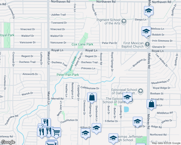 map of restaurants, bars, coffee shops, grocery stores, and more near 3846 Princess Lane in Dallas