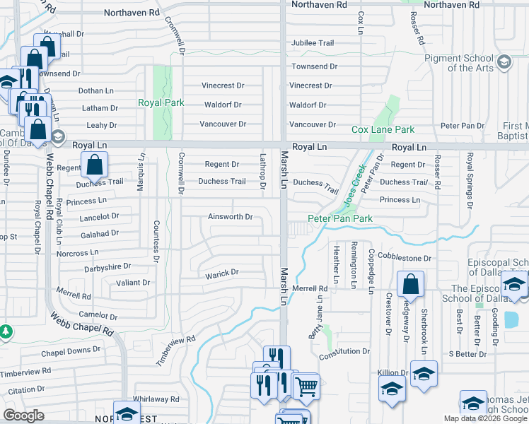 map of restaurants, bars, coffee shops, grocery stores, and more near 3632 Princess Lane in Dallas