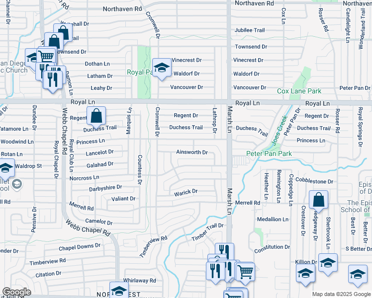 map of restaurants, bars, coffee shops, grocery stores, and more near 3566 Princess Lane in Dallas