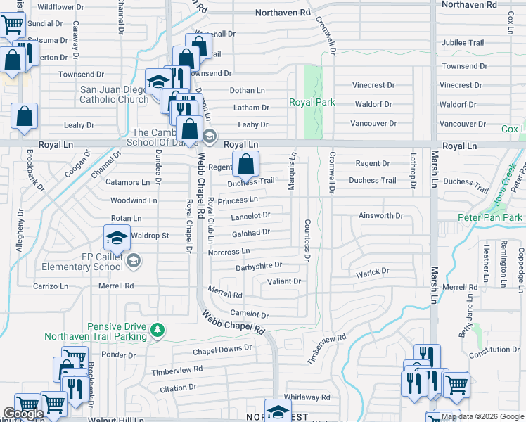 map of restaurants, bars, coffee shops, grocery stores, and more near 3316 Princess Lane in Dallas