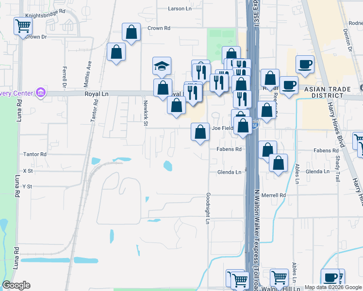 map of restaurants, bars, coffee shops, grocery stores, and more near 2206 Joe Field Road in Dallas