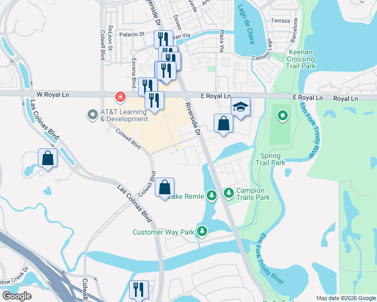 map of restaurants, bars, coffee shops, grocery stores, and more near 6142 Hollywood Drive in Irving